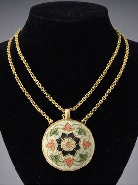 Vintage Turkish Enamel Perfume Pendant with Dauber – Floral Champlevé Design